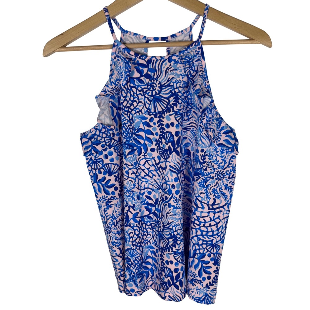 Lilly Pulitzer Billie Halter Top Womens S Blue Pink Shell‎ Coral Print Ruffles